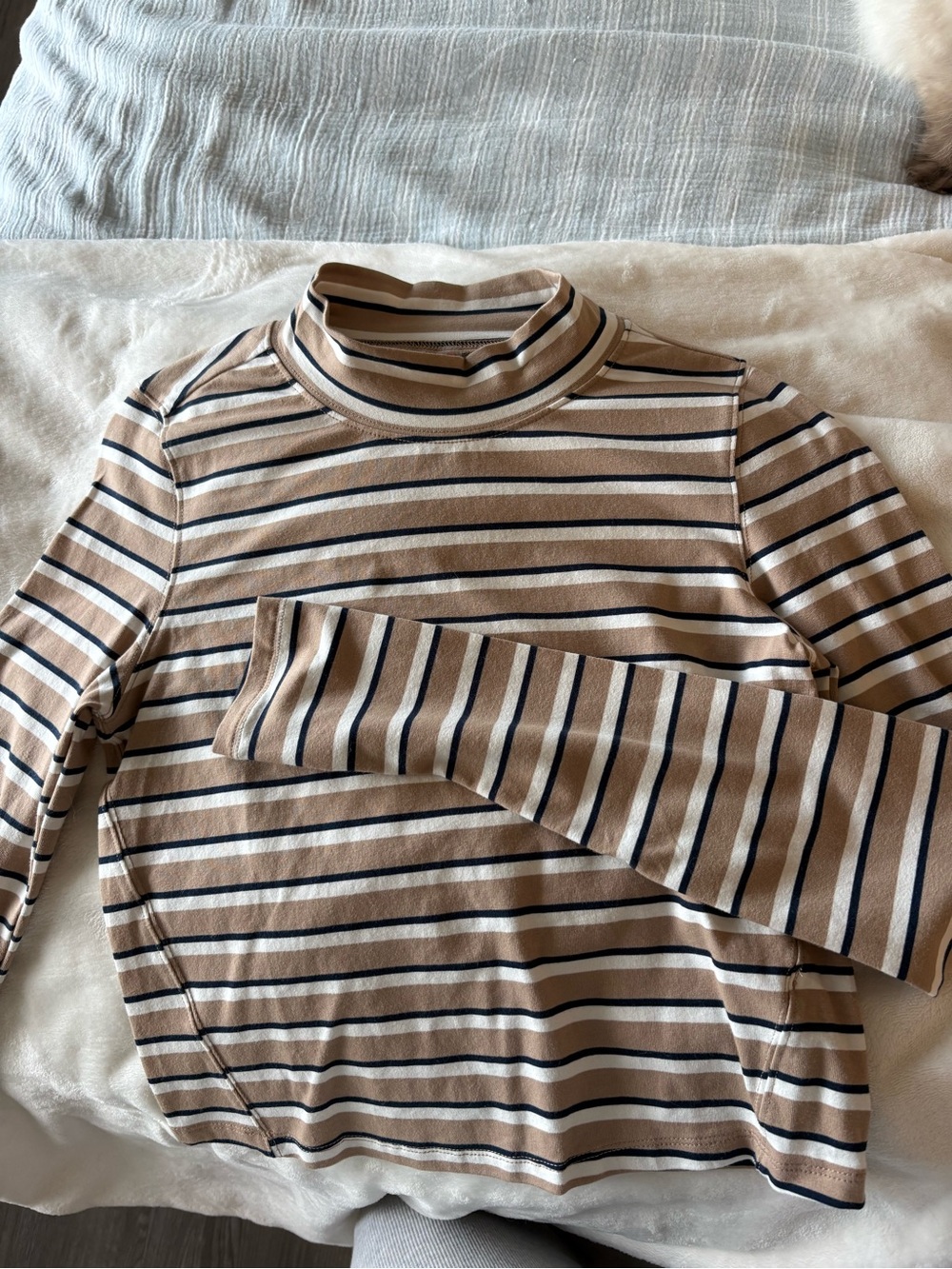 Free People Movement Long-Sleeve Striped Turtleneck Top in Beige and Navy